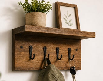 Rustic Key Holder with Shelf – Wall Mounted Wooden Key Rack with Hooks – Entryway Hallway Organiser