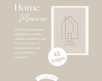 May include: A printable home planner kit with 43 pages. The cover features a minimalist line drawing of a house with the text "HOME PLANNER".