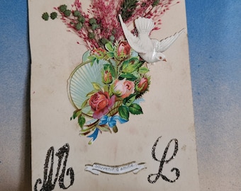 Ancienne carte postale scintillante victorienne française Love Scrap, initiales M et L initiales