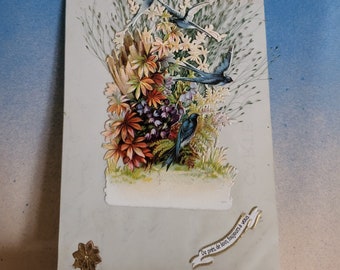 Antique French scrap love  postcard Swallows