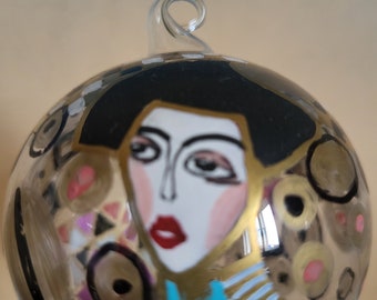 Vintage 1980's Glass Blown Ball Shaped Ornament Art Deco Woman Head