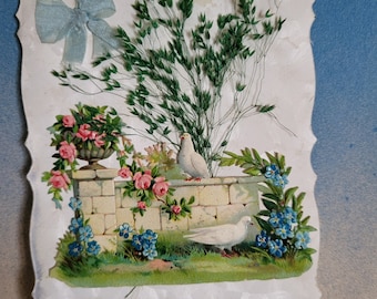 Antique French Blue Love Postcard Doves blue silk bow Greenery