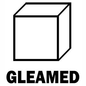 Puede incluir: Un contorno negro de un cubo sobre un fondo blanco. Debajo del cubo, la palabra "GLEAMED" está impresa en negrita, en negro. La imagen es un diseño gráfico simple.