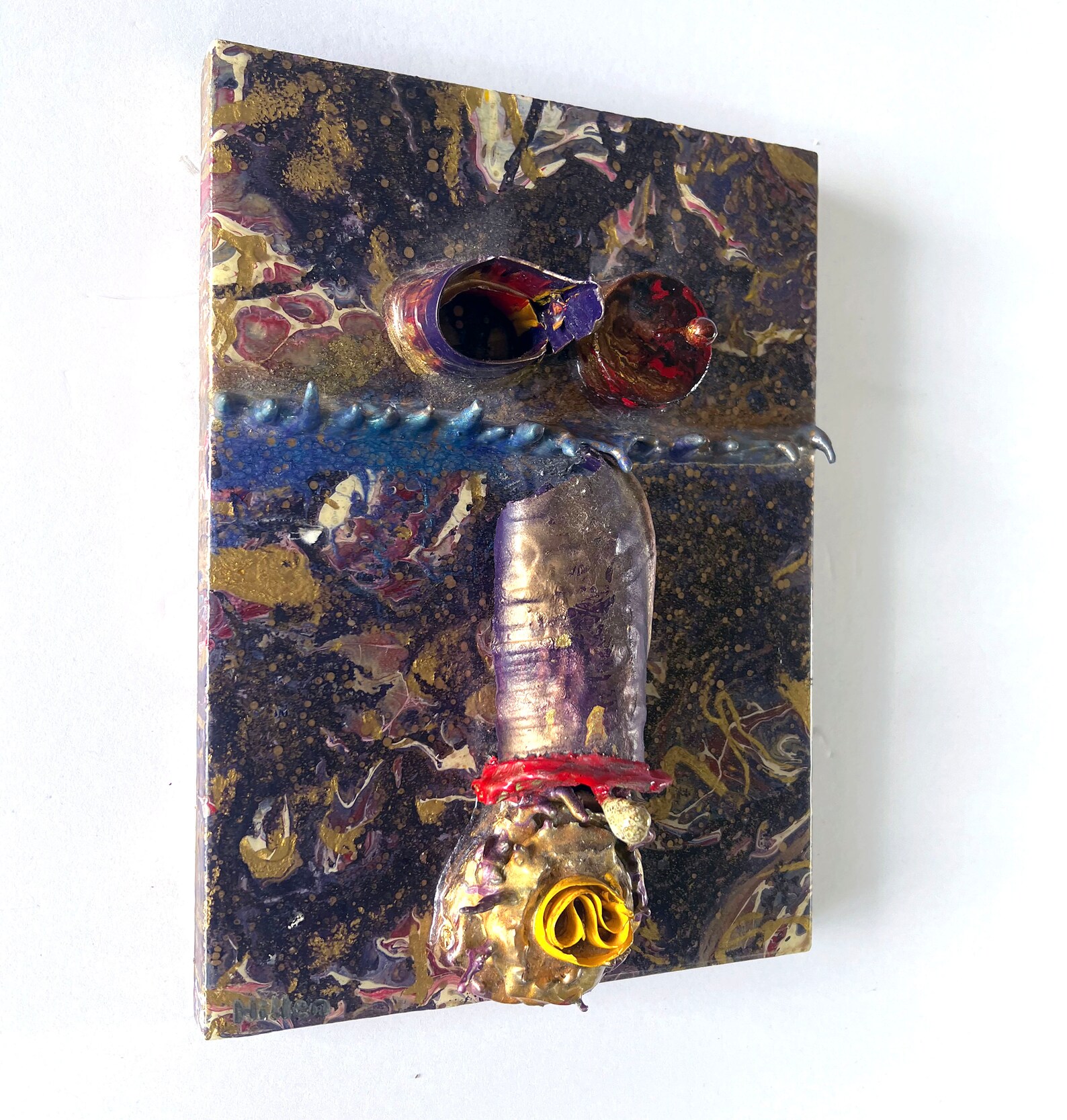 View of Lively Abstract Face Art, Textured and Playful, Unique Mixed Media Wall ...