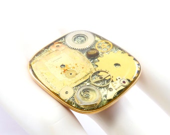 Handmade Steampunk Ring, Rectangle Ring, Vintage Watch Movements Ring, Watch Gears Ring, Large Ring, Statement Ring, Gift For Her