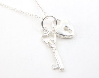 Sterling Silver Key Lock Charm Necklace, Key and Lock Minimalist Necklace, Dainty Key to Heart Necklace, Handmade Necklace