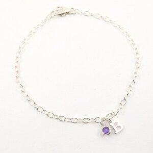 Silver Initial Charm with Cubic Zirconia Birthstone Bracelet, Initial Bracelet, Birthstone Bracelet, Personalized Gift, Gift for Her
