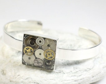 Steampunk Watch Gear Bangle, Handmade Square Bangle, Color Resin Bangle, Unisex Bangle, Silver-Plated Brass Bangle, One of A Kind Bangle