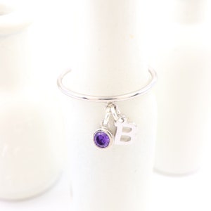 Silver Initial Charm with Cubic Zirconia Birthstone Ring, Initial Ring, Birthstone Ring, Personalized Gift, Gift for Her