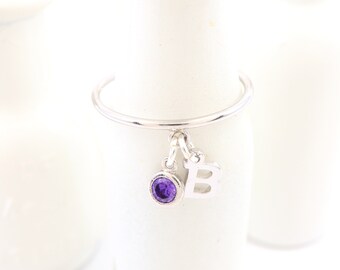 Silver Initial Charm with Cubic Zirconia Birthstone Ring, Initial Ring, Birthstone Ring, Personalized Gift, Gift for Her
