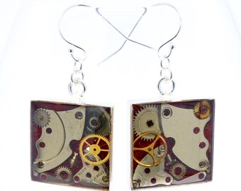 Handmade Steampunk Earrings, Watch Gear Earrings, Handmade Resin Earrings, Square Earrings, One of A Kind Earrings, Gift for Her