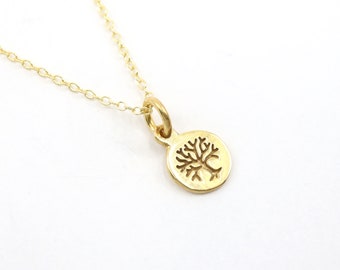 Gold | Silver Dainty Crafted Tree Disc Charm Necklace, Crafted Tree Minimalist Necklace, Dainty Tree of Life Necklace, Handmade Necklace