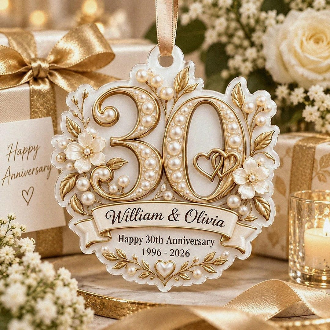 Personalized 30th Anniversary Ornament, 3D Relief White Acrylic Personalized 30th Anniversary Ornament, 3D Relief White Acrylic
