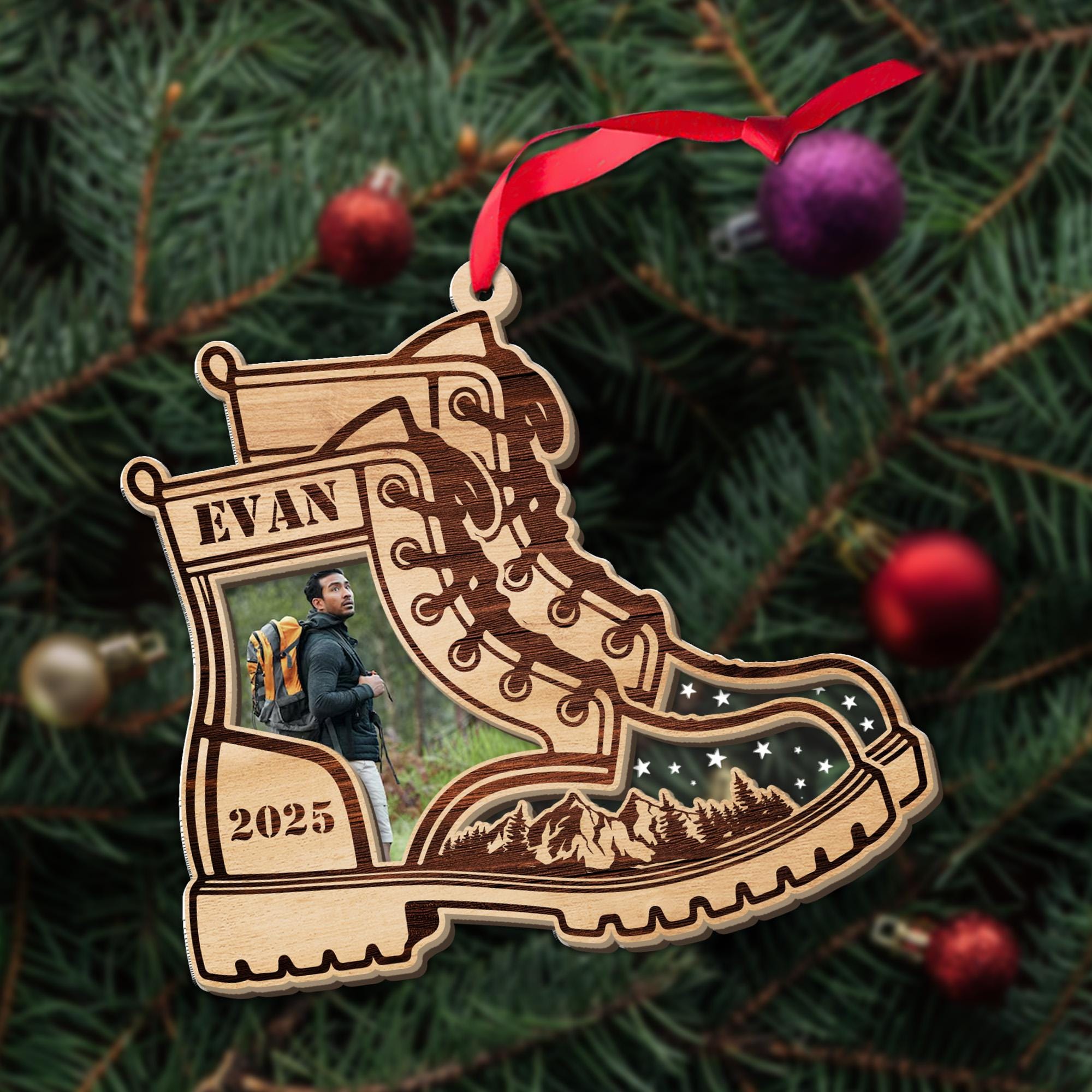 Personalized Hiking Boot Ornament, Mountain Camping Range Ornament, Gift for Father's day Dad Grandpa, Custom Engraved Travel Adventure Gift