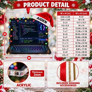 May include: A clear acrylic laptop-shaped ornament featuring a screen with code, a red Santa hat with the name AIDEN, and colorful string lights. Includes a size chart in inches and centimeters, a 3mm thickness detail, and hanging accessories.