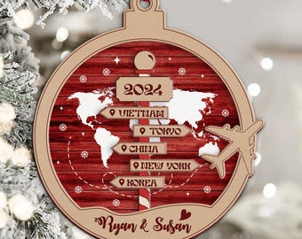 Personalised Travel Adventure Ornament, New Adventure, Couple Traveler Christmas, Travel Wooden Ornament, Our Adventure Awaits 2025 Journey