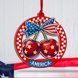 America Cherries American Flag Christmas Wooden Ornament, American Flag Ornament, Retro Patriotic Gifts, USA Flag Ornament, Veteran Gifts