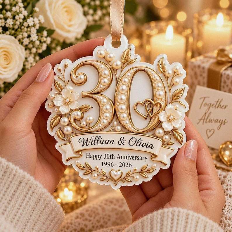 Personalized 30th Anniversary Ornament, 3D Relief White Acrylic Personalized 30th Anniversary Ornament, 3D Relief White Acrylic