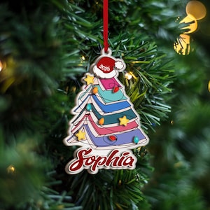 Personalized Book Christmas Tree Wooden Ornament, Custom Name Book Lover Gift, Bookworm Gifts, Book Reader Librarian Gifts, Xmas Gift