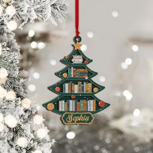 Christmas Book Tree Ornament – Personalized Name Wooden Ornament  – Book Lover Gifts, Gift for Bookworm Bookish Bookshelf Lover Christmas