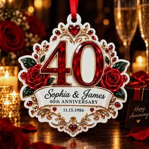 May include: A white decorative ornament featuring the number 40 in deep red, flanked by two red roses and gold leaf accents. A banner displays the names Sophia & James, the text 40th ANNIVERSARY, and the date 11.15.1986, topped with a red ribbon.