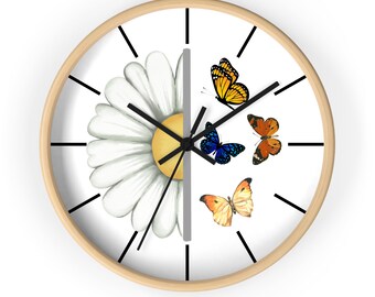Horloge murale marguerite papillon jardin pollinisateur, cadeau pour amoureux du jardin, cadeau maman, cadeau fête des mères, cadeau pour jardiniers, cadeau grand-mère, horloge d'art mural