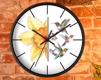 Horloge murale jonquille colibri du jardin pollinisateur, cadeau pour amateur de jardin, cadeau maman, cadeau fête des mères, cadeau jardinier, cadeau grand-mère, horloge d'art mural