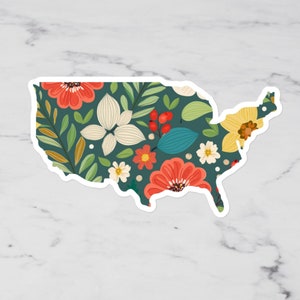 Sticker floral carte des États-Unis Sticker voyage carte contour des États-Unis, carte des États-Unis Sticker valise cadeau pour voyageur US Sticker coloré
