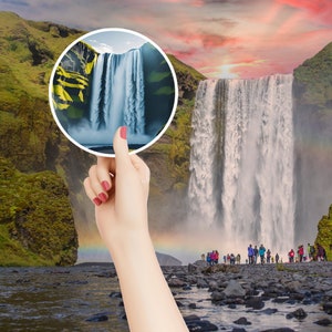 Adesivo in vinile Skogafoss Islanda Adesivo per bagagli Adesivo per valigia Viaggio Scrapbooking Adesivi carini Regalo per viaggiatori Adesivo cascata Europa