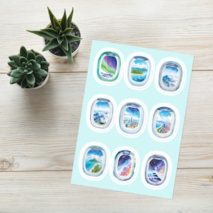 Hoja de pegatinas para ventana de avión, asiento de ventana, calcomanía para computadora portátil, álbum de recortes de viaje, calcomanía de avión, calcomanías para Kindle, regalo para viajero, juego de calcomanías Bon Voyage