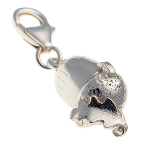 May include: A silver charm in the shape of an acorn with a leaf. The charm has a lobster clasp for attaching to a bracelet or necklace.