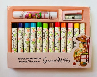 RIBBON GREEN HILLS 12 color pencils with pencil holder set