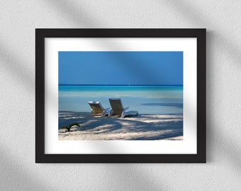 White Sand Beach in The Maldives Photograph, Sunloungers Tropical Beach Print, Maldives Digital Download, Calm Seascape Photo