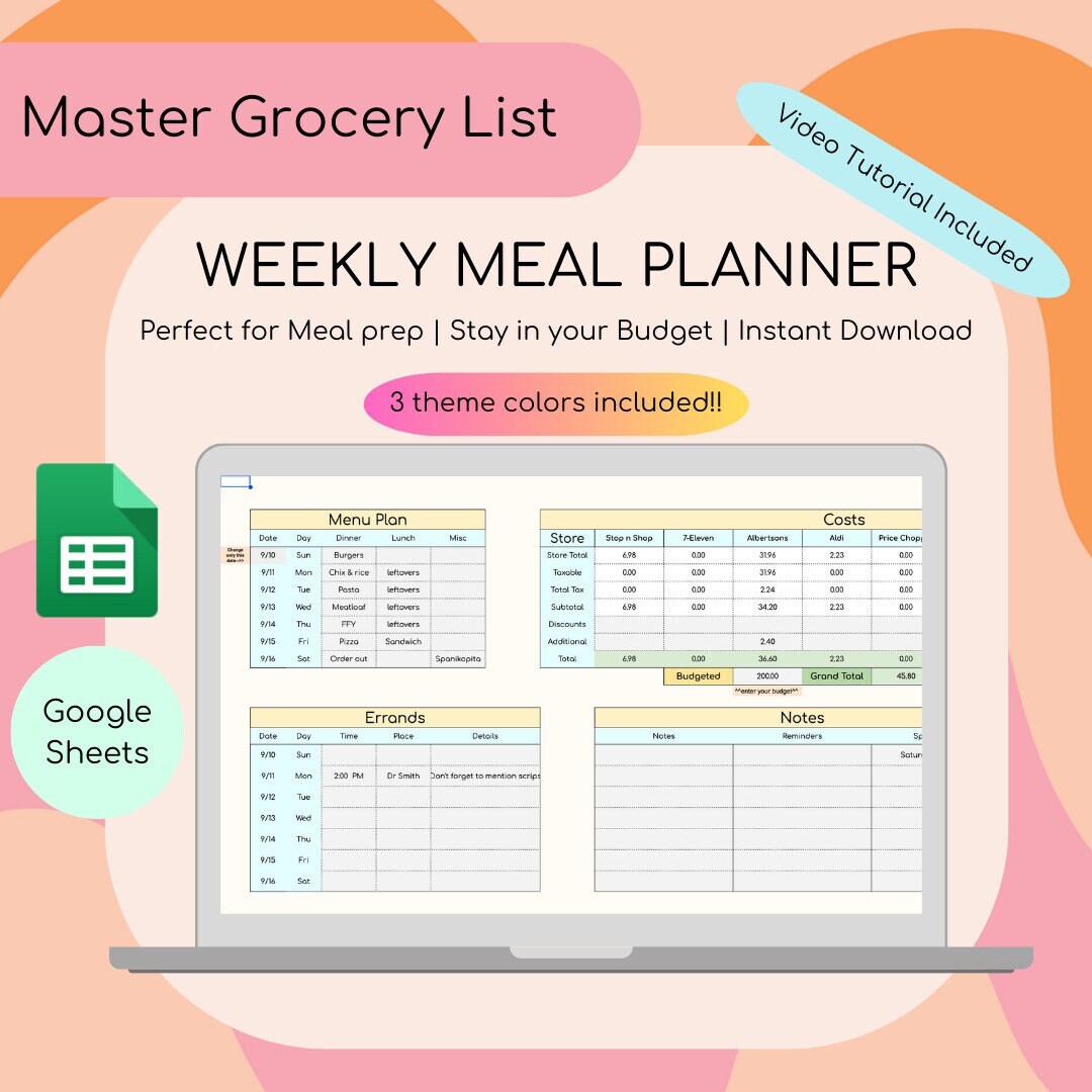 Digital Grocery List & Meal Planner Google Sheets Spreadsheet Weekly