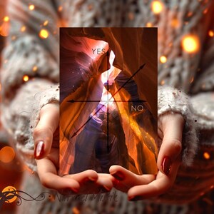 May include: A red, orange, and purple canyon scene with a white star in the center. The words "YES" and "NO" are written on the image, with lines extending from the star to each word.