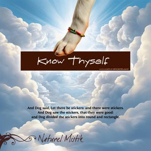 May include: A dog's paw reaches down from a cloudy sky, holding a brown sign that reads "Know Thyself". The text below the sign reads "And Dog said, Let there be stickers: and there were stickers. And Dog saw the stickers, that they were good: and Dog divided the stickers into round and rectangle." The text at the bottom of the image reads "Naturel Mistik".