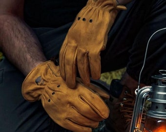 Guantes de piel de vaca, Guantes de cuero para acampar, Guantes de cuero resistentes al fuego, Guantes de trabajo, Guantes duraderos, Guantes de caza. Guantes de jardín, Guantes de poda