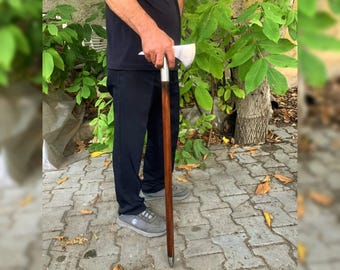 May include: A walking stick with an axe head. The handle is a dark brown color, and the axe head is silver. The walking stick is being held by a person. The background includes green foliage and a paved surface.