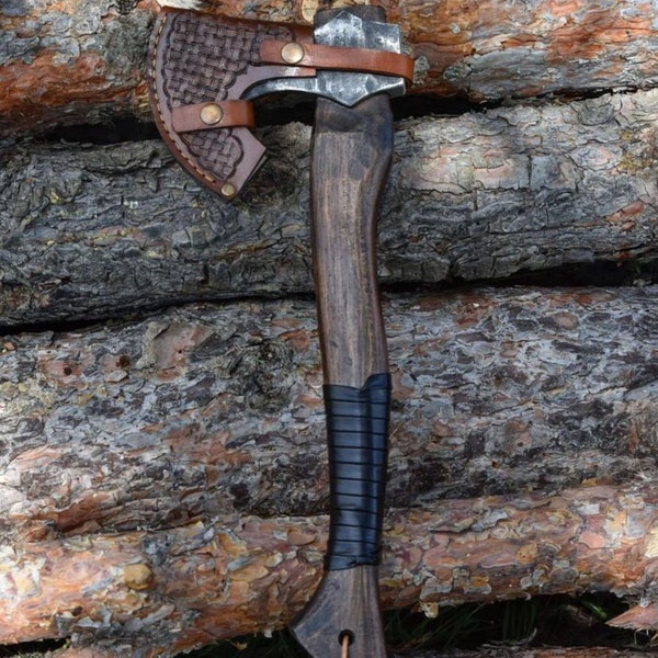 Hand Forged Forest Axe ,  5210 Steel , Leather Sheath ,