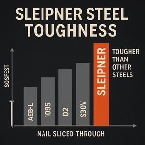 May include: A bar chart titled SLEIPNER STEEL TOUGHNESS comparing steel types AEB-L, 1095, D2, S30V, and Sleipner. The orange Sleipner bar is the tallest, labeled TOUGHER THAN OTHER STEELS. The y-axis is SOSFEST and the x-axis is NAIL SLICED THROUGH.