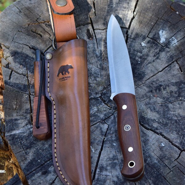 N690 Steel Bushcraft Knife,Camping Knife,Wooden Handle Knife,Hunter,Handmade,Leather cover with gift,Stainless steel,With magnesium rod