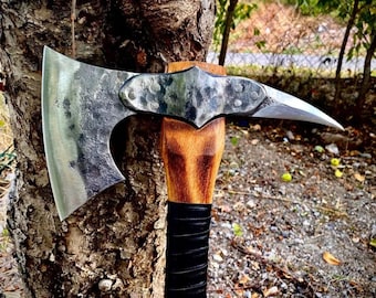 Hand Forged Carbon Steel Viking Axe, Bushcraft Camping Axe with Leather Sheath