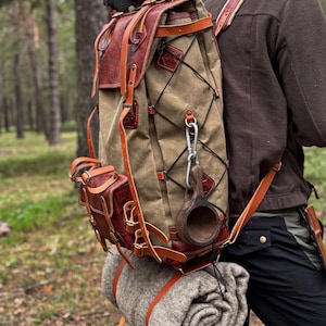 Leather & Waxed Canvas Bushcraft Backpack - 60L Hiking Rucksack