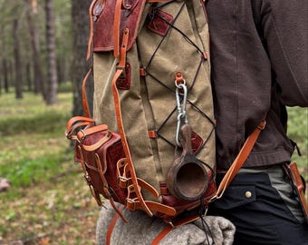 Handcrafted Waxed Canvas & Leather Bushcraft Backpack: Hiking Camping Bag , Christmas gift
