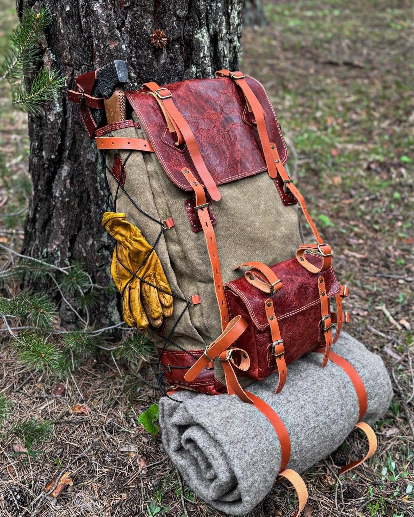Leather & Waxed Canvas Bushcraft Backpack - 60L Hiking Rucksack - Etsy