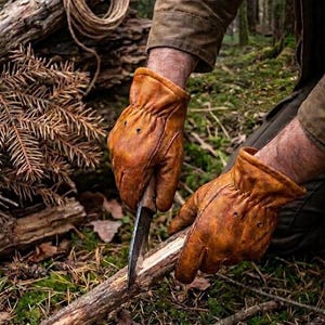 Può includere: Una persona con guanti da lavoro in pelle marrone usa un coltello per intagliare un pezzo di legno. I guanti sono usurati e hanno un aspetto invecchiato. La scena è ambientata in una foresta con fogliame verde e rami marroni.