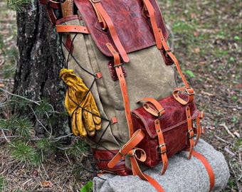 Handmade Leather & Waxed Canvas 60L Bushcraft Backpack