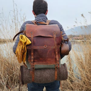 Zaino da campeggio artigianale in tela cerata e pelle - Zaino da campeggio da 40 litri