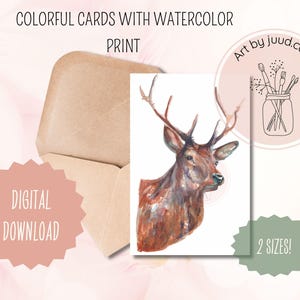 Aquarelkaart hert |  Digitale download | Kunst van Juud Design | Duurzaam, snel en gemakkelijk | Eenmalige aankoop, levenslange toegang