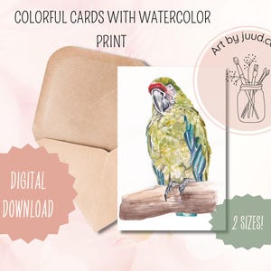 Kaart aquarelpapegaai |  Digitale download | Kunst van Juud Design | Duurzaam, snel en gemakkelijk | Eenmalige aankoop, levenslange toegang